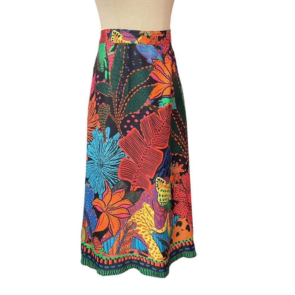 FARM Rio Women's Black Cool Leopards Floral Printed A-line Midi Skirt Size Small - Picture 2 of 12